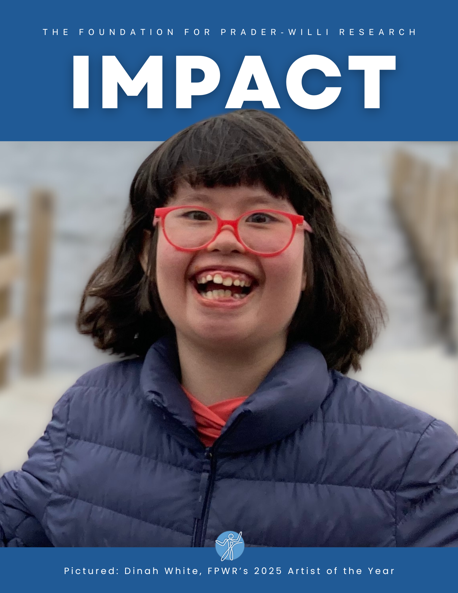 Cover of FPWR’s 2025 Impact Report featuring the 2025 Artist of the Year smiling in red glasses and a navy jacket.